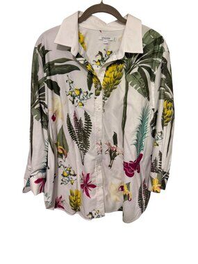 Chico's Button Up Shirt White with Tropical Floral Womans 3/XL